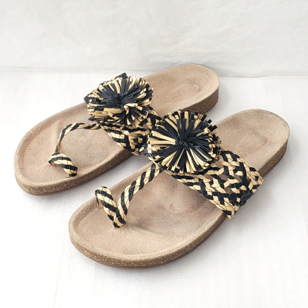 Ulla Johnson Black and Natural Braided Raffia Toe-Loop Sandals